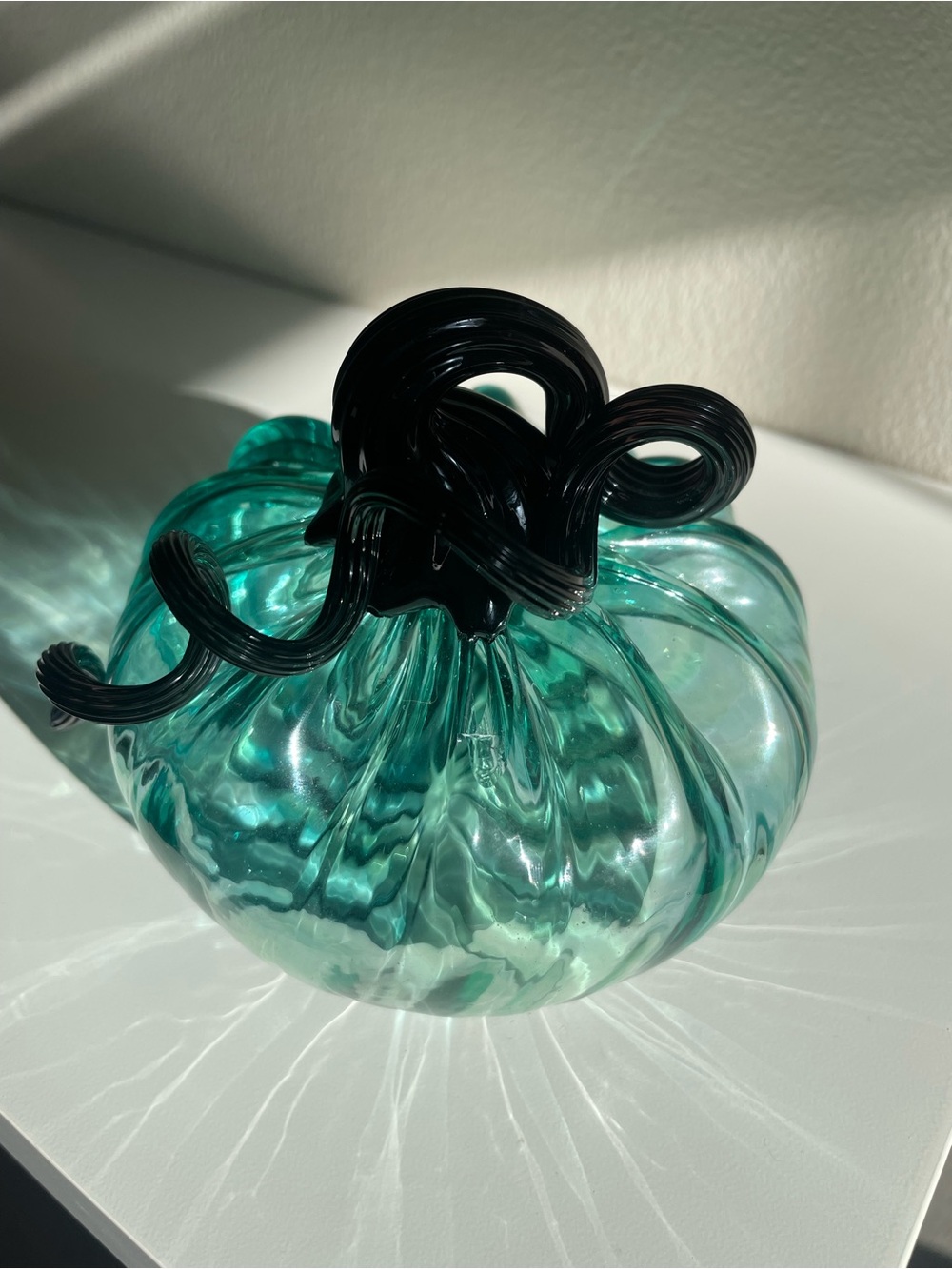 Teal Glass Pumpkin Sculpture with Dark Stem - Picture 6 of 12
